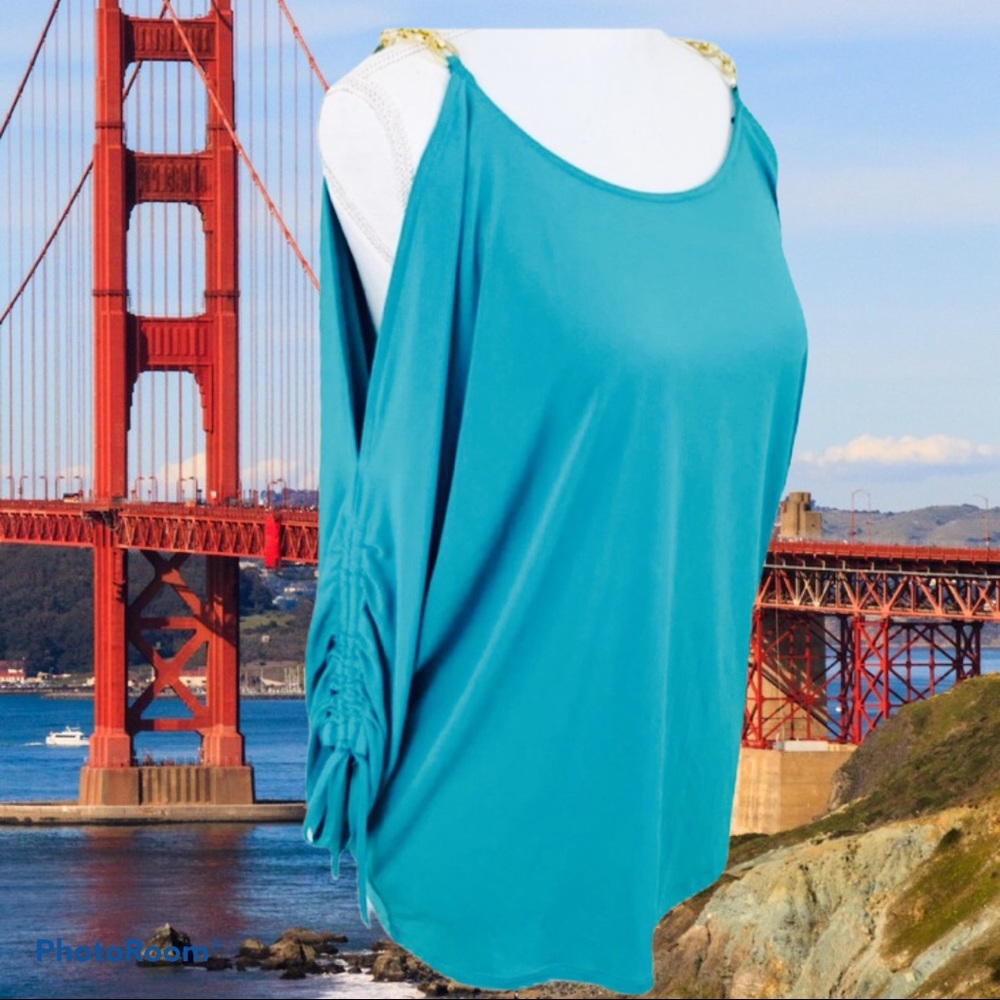 Michael Kors chain strap cold shoulder teal blouse
